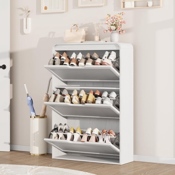 Rattan Shoe Cabinet with 3 Flip Drawers, Narrow Shoe Storage Cabinet for Entryway, Wooden Shoe Organizer with Adjustable & Removable Shelves for Hallway, Antique White