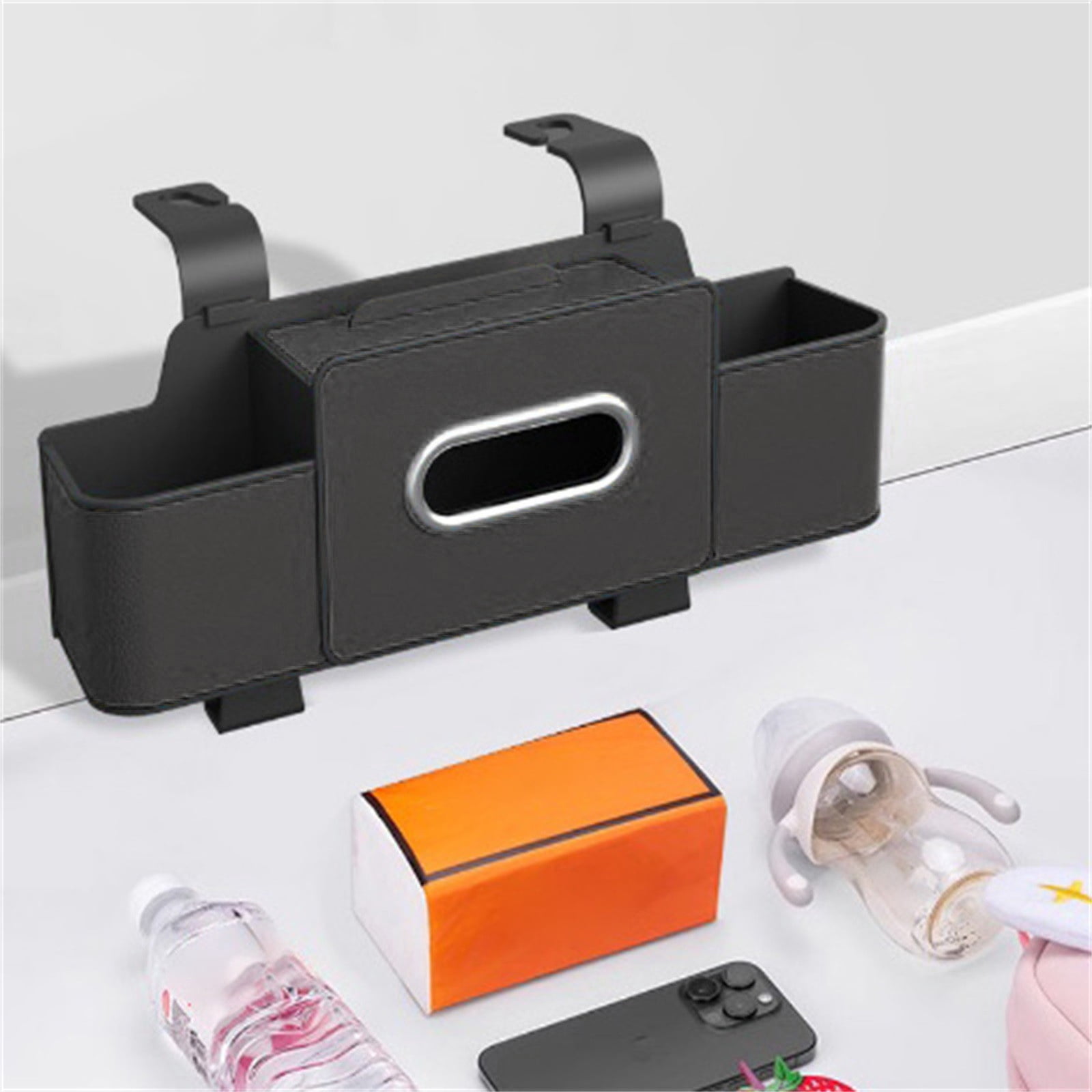 Car Rear Backseat Extra Multifunctional Drink Cup Holder Organizers with Tissue Paper Storage Box Organizer & Hooks for Car Seat Back - 1Pc, Durable Storage Box for Car Accessories(Black,11.8x3.9")