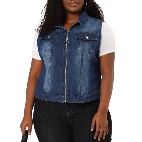 DARING DIVA Women's Plus Size Sleeveless Zip Up Button Down Jeans Vest 1X Blue