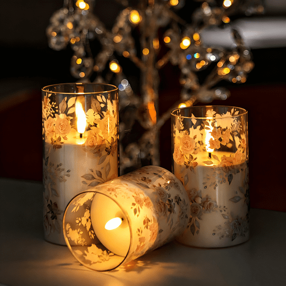Goyuon Flameless Candle Lamps Rose Floral With Timer and Remote Control, Battery Powered for Home Decoration/Wedding/Party 3 Pack