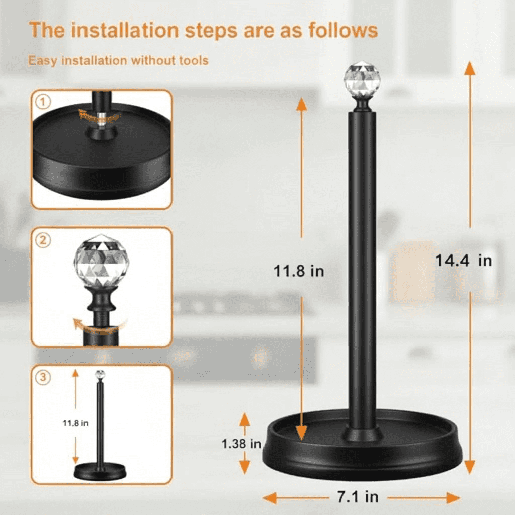 Matte Black Steel Paper Towel Holder for Kitchen Countertops, Bars and Dining Tables with Crystal Accent, Compatible with Standard and Jumbo Rolls