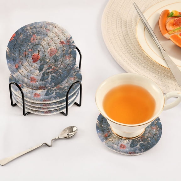 BZSMCE 6Pcs Drink Coasters With Holder 3.94Inch Red Roses with Snowflakes Creative Coil Coaster Coasters Colors Absorbent Coasters for Drinks Coasters Set Thicken Heat for Home Table