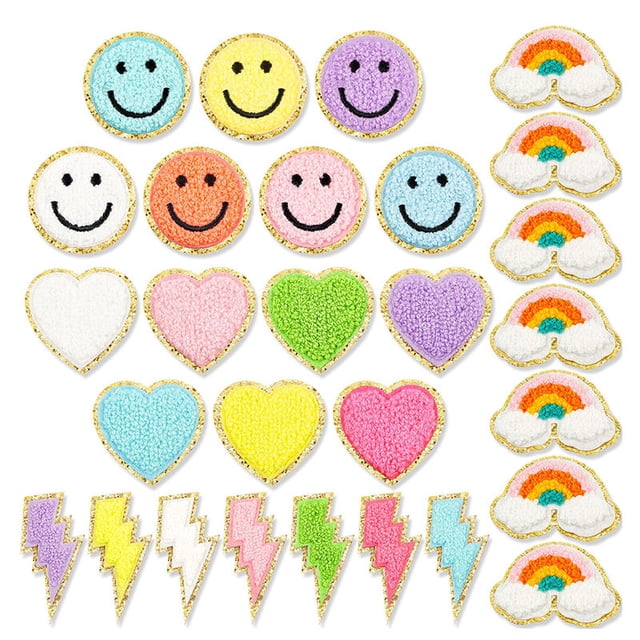 112 parches de chenilla para planchar para ropa, parches de letras, parches autoadhesivos de chenilla, bonitos parches de corazón con cara de sonrisa de arcoíris para vaqueros (estilo fresco