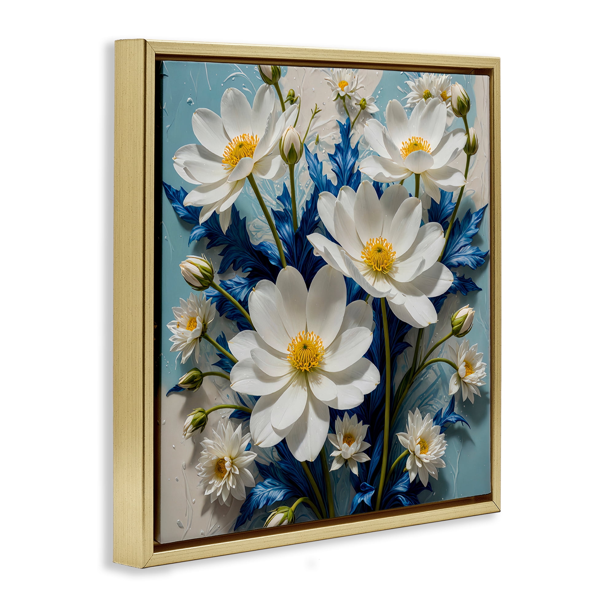 Stupell Industries Magnolias & Blue Florals Plants & Flowers Painting Gold Floater Framed Canvas Art Print Wall Art, 25 x 25