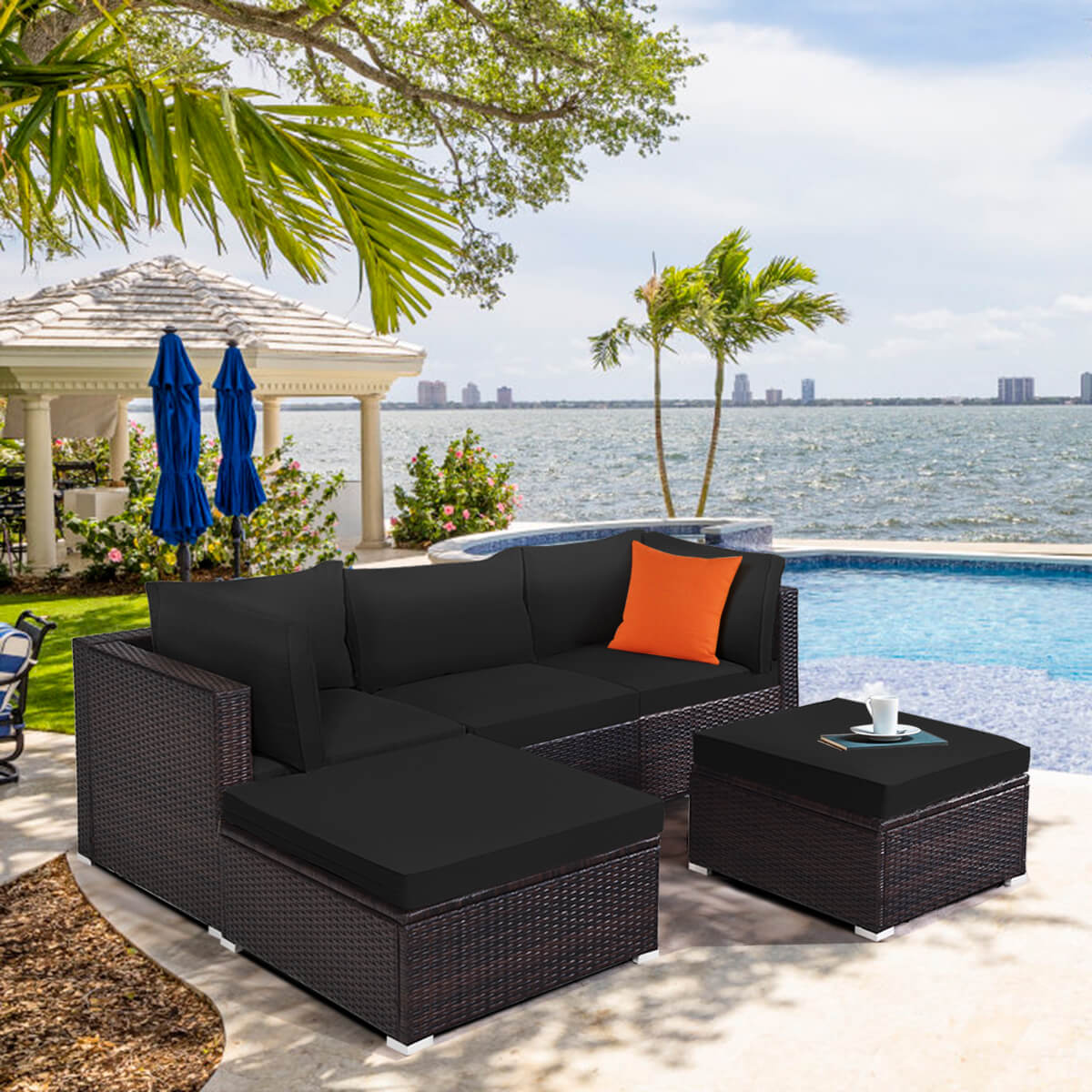 Costway 5PCS Outdoor Patio Rattan Furniture Set Sectional Conversation Black Cushion