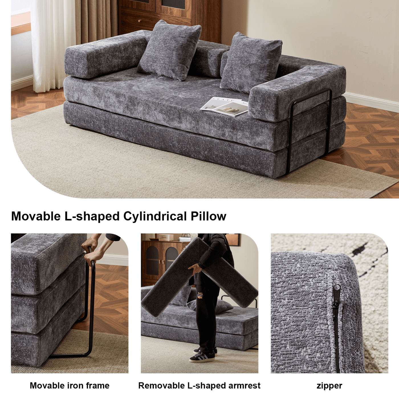 Jopath 76 Inch Convertible Sleeper Sofa Bed,Folding Floor Mattress Couch with Fixed-Shape Frame,Futon Boneless Couch Lounge Loveseat with Pull Out Bed, No Assembly Required,Dark Gray+Chenille