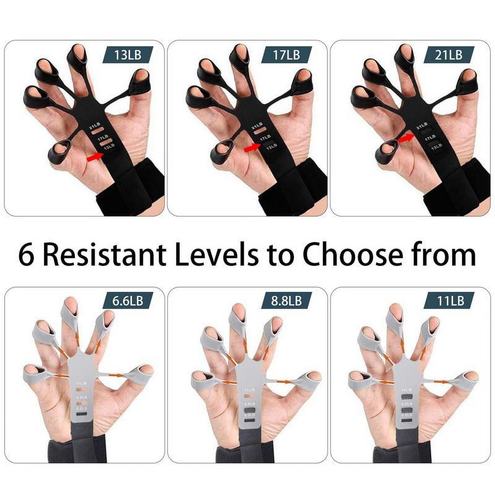 Finger trainer, wrist tension device, 6 wristbands, and 6 trainers (3 gray and 3 black)
