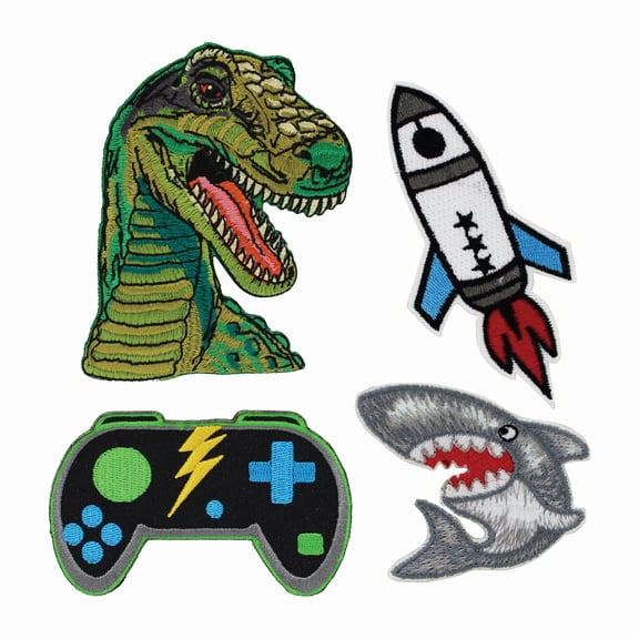 Gwen Studios Boyish Embroidered Iron-on Patch Appliques, Shark, Dino, Rocket Ship, Game Controller