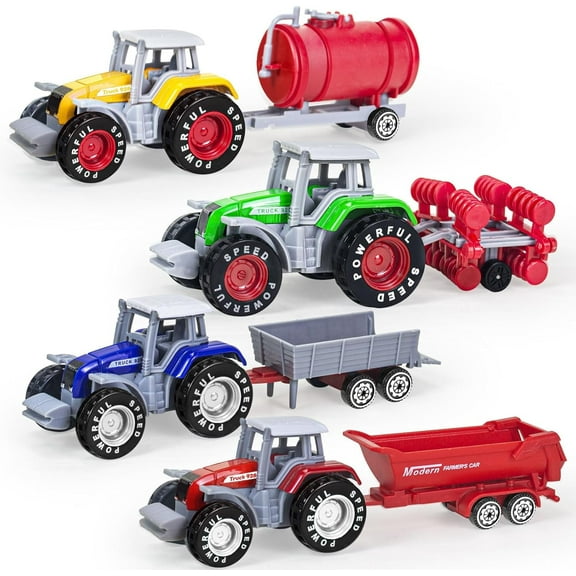 BTEPSGA 4 Pack Farm Tractor Toys with Trailers, Die cast Tractor Toys for Kids 3-5 Detachable Alloy Farm Tractors and Truck Toys for Toddlers Boys 3 4 5 6 7 8 Birthday Gift & Cake Toppers