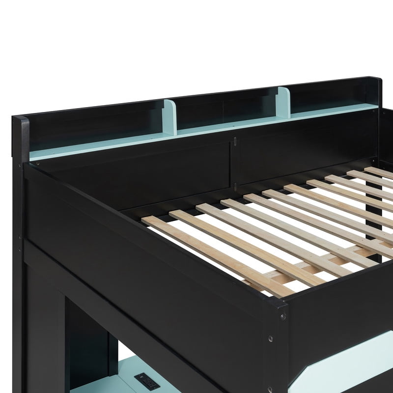 Full Size Gaming Loft Bed with U-Shaped Desk, RGB LED Lights & Charge Station, High Profile Storage Bed Frame with Drawers & Shelves