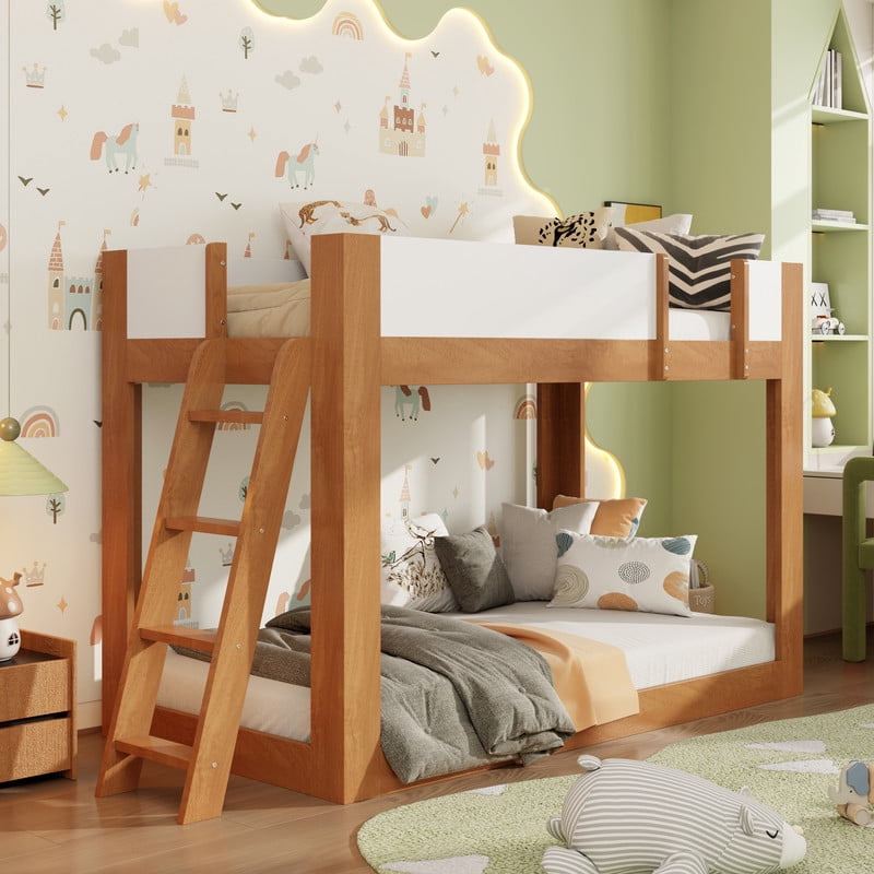 Twin-Over-Twin Low-Profile Bunk Bed with Guardrails, Wooden Kids Bed with Reversible Ladder, Accent Two-Tone Bed Frame