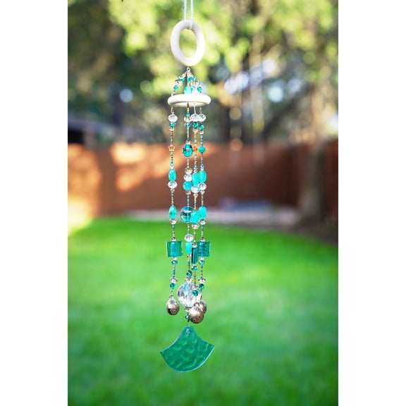Boho Sun Catcher Wind Chime, Aqua Blue Gold Crystal Glass Beads, Tibetan Bells, for Garden, Patio or Home Decor