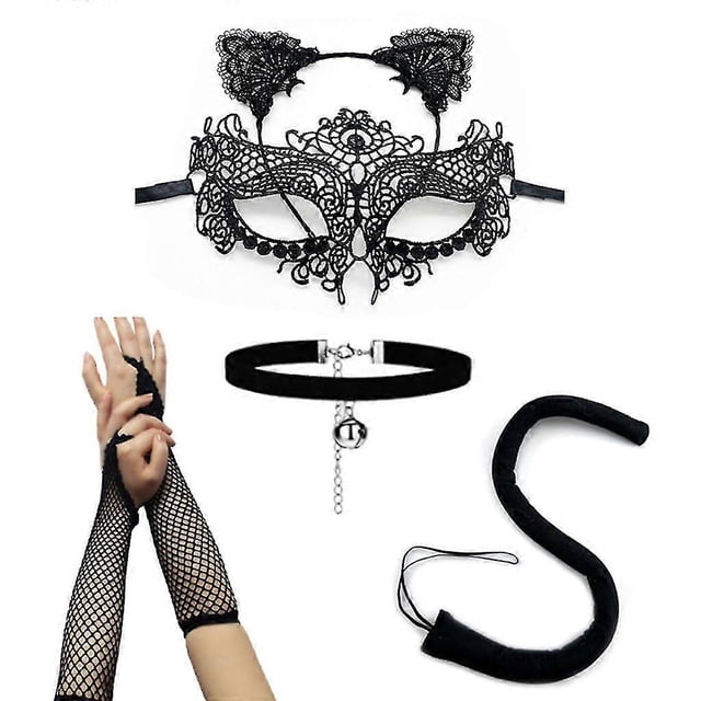 5Pcs Black for Cat Costume Set for Cat Ears Headband Tail Necklace for Cosplay
