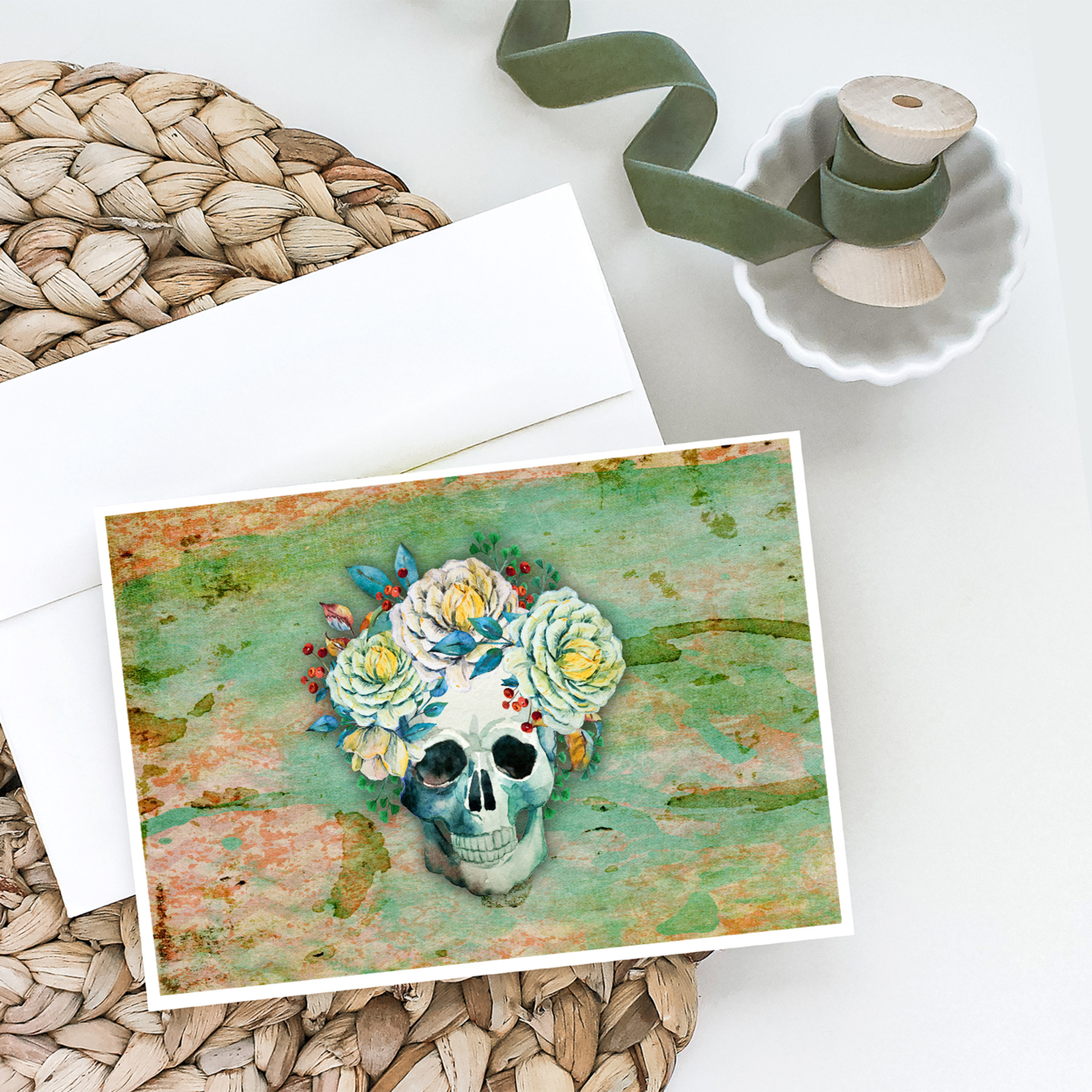 Day of the Dead Skull with Flowers Greeting Cards and Envelopes Pack of 8