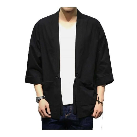 Panda Superstore  No.3 Standing Collar Cotton & Linen Chinese Half Sleeve Kungfu Cloth Outerware Mens Shirt, Black