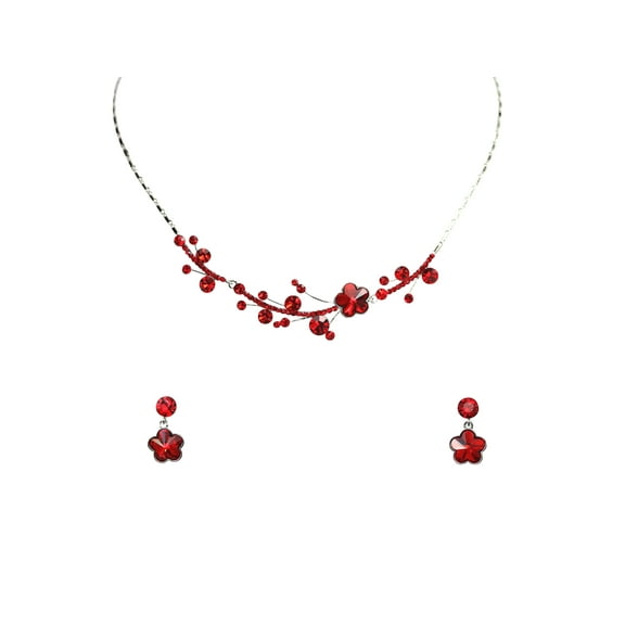 Faship Red Premium Rhinestone  Crystal Floral Necklace Earrings Set