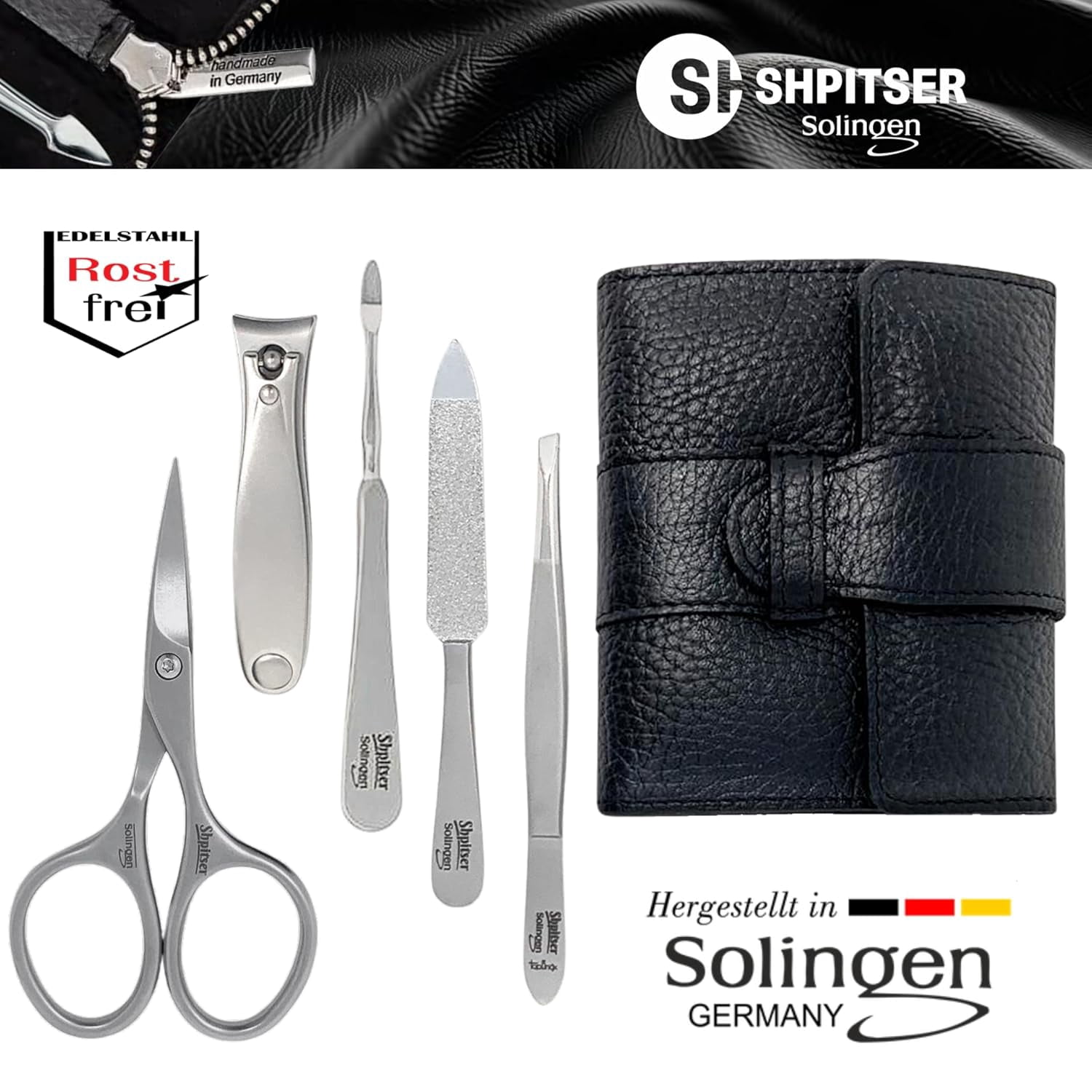 Shpitser Nail Kit, Manicure and Pedicure Women Set of 5 tools: Scissors, Clipper, Tweezers, Nail Cleaner, Nail File, Made in Solingen, Germany, Sturdy Stainless Steel, In Italian Leather Case (Black)