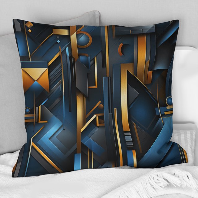 Designart "Futuristic Geometric Fusion In Blue And Gold" Geometric Throw Pillow - Modern Pillow For Couch - Insert And Pillows Covers For Bedroom Decor