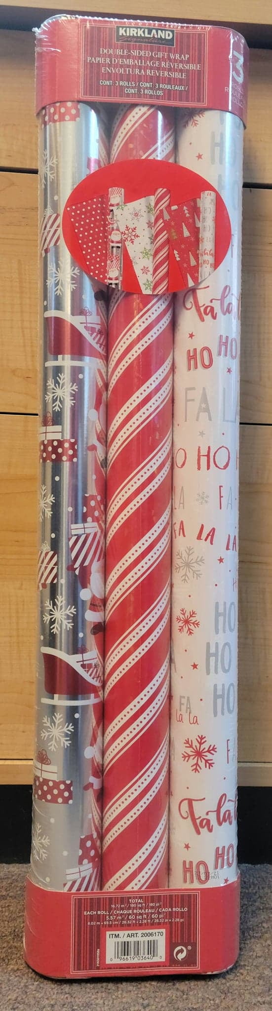 KIRKLAND SIGNATURE DOUBLE-SIDED GIFT WRAP, 3 ROLLS, 180 SQ. FT. HOHO/RED CHRISTMAS TREE, RED STRIPE DOT/RED & GREEN SNOWFLAKES, SILVER SANTA/RED DOTS