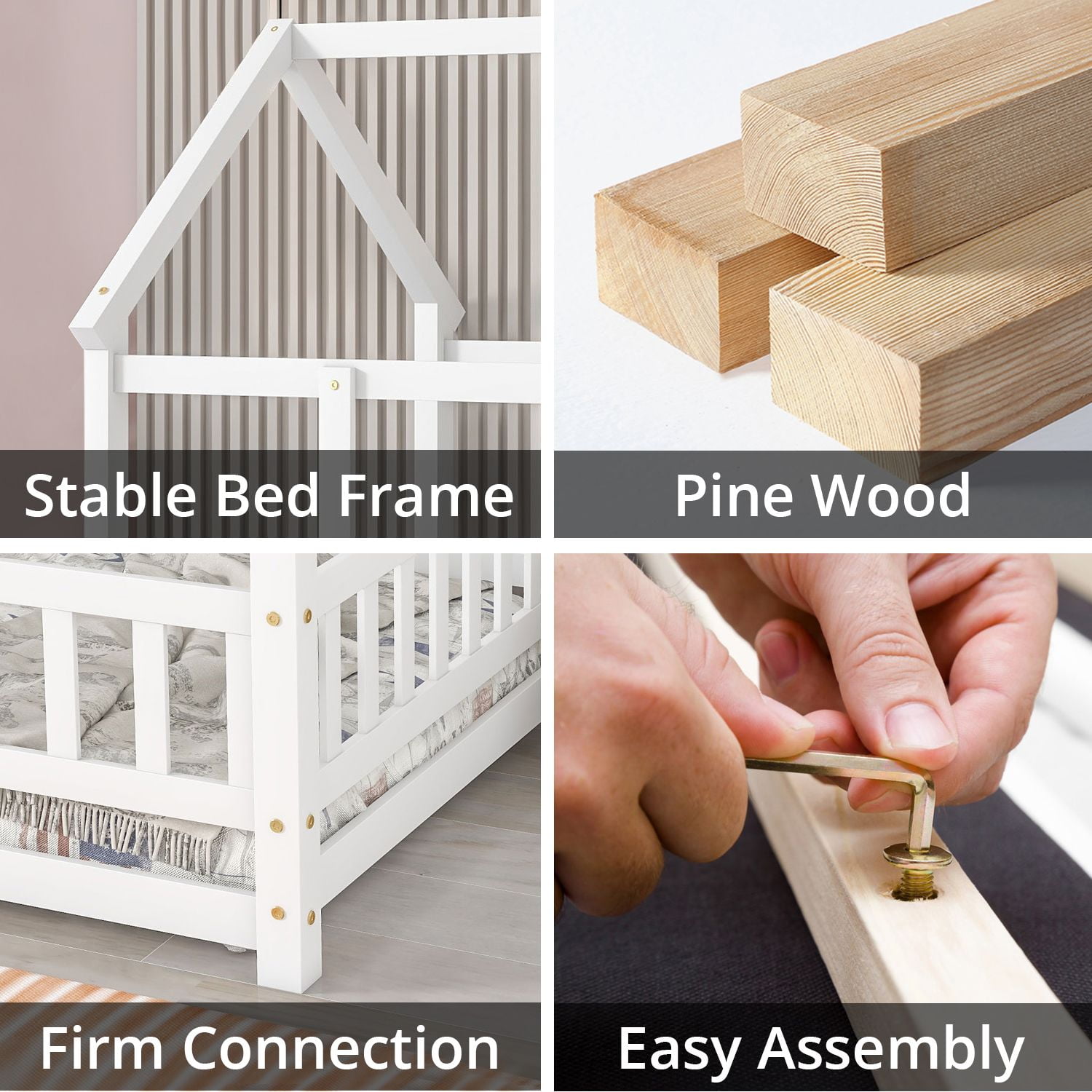 Full Size House Floor Bed with Roof, Wooden Floor Bed Frame with Door Frame and Safety Fence, Montessori House Floor Bed for Boys and Girls, White