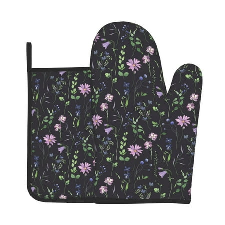 

Junzan Watercolor Wildflower 1 Pattern Oven Mitts and Pot Holders 2 pcs Set Potholders BBQ Gloves Long Kitchen Oven Glove for Cooking Baking Grilling (2-Piece Set 11 Inch)