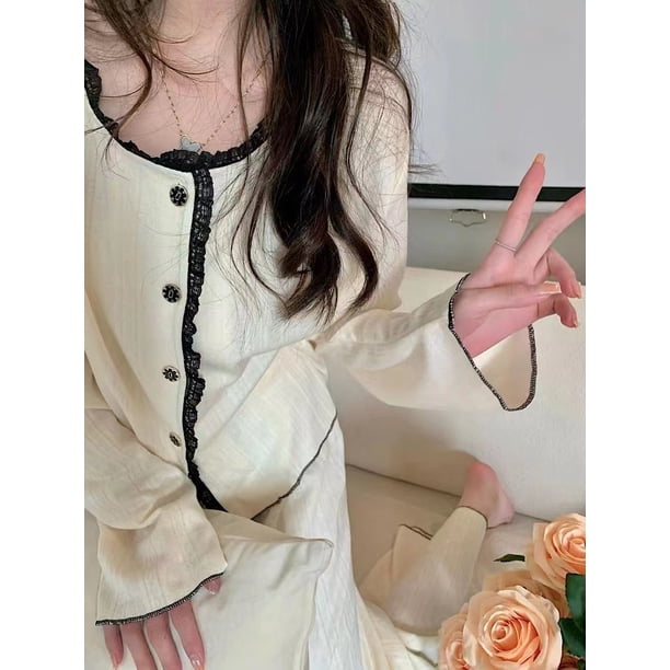 Cárdigan de manga larga de jacquard, pijama de otoño e invierno para mujer, ropa de casa informal cómoda para niña