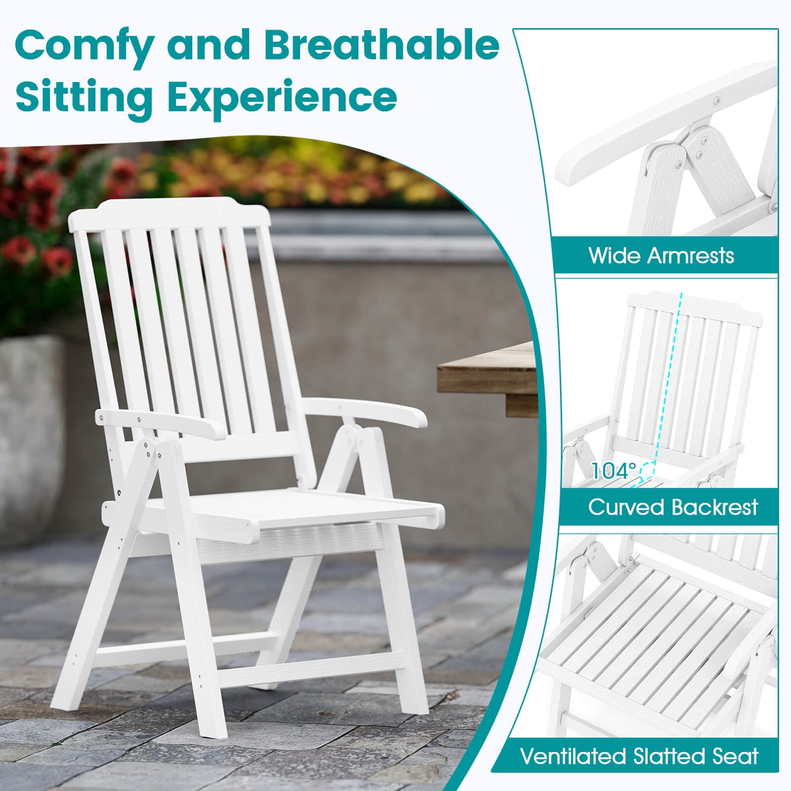 Costway Foldable Patio Chair with Armrest, Curved Back, Slatted Seat for Backyard Deck White