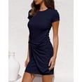 thumbnail image 3 of Vestido de camiseta para mujer, informal, de manga larga, con lazo en la cintura, cuello redondo, ajustado, fruncido, elástico, con nudo, Color sólido, suelto, Mini vestido sin mangas Adepaton WMZL-907-17, 3 of 5