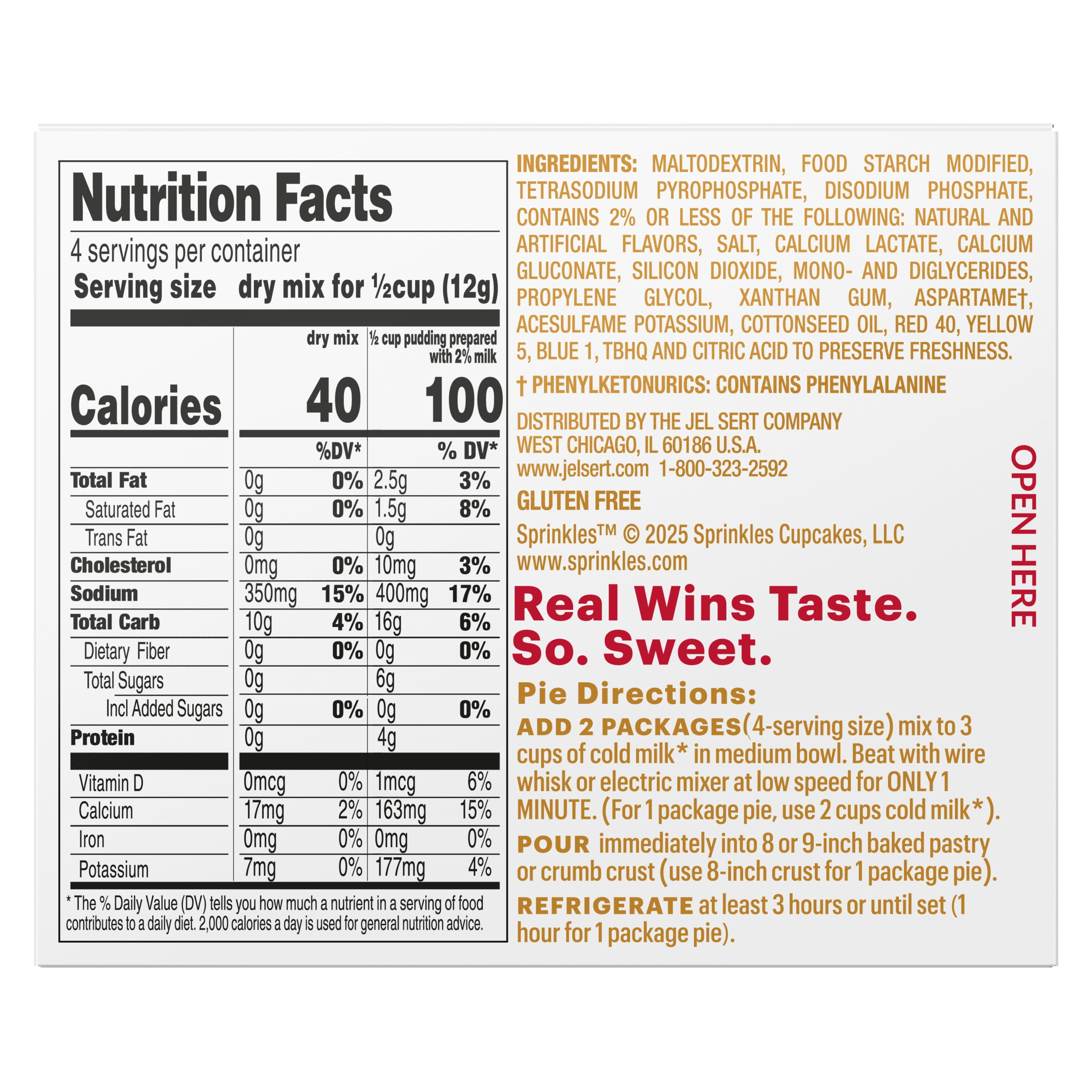 (6 pack) Sprinkles Salted Caramel Cupcake Sugar-Free Instant Pudding Mix, 4 Servings, 1.71 oz Box
