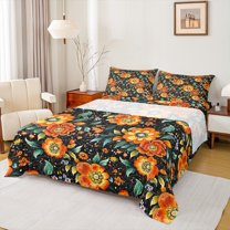 Manfei Country Flower Floral Queen Sheet Sets,Retro Rustic Botanical Flat Sheet,Black Orange Green Queen Fitted Sheet For Girls,Luxury Bedroom Decor,4 Pieces