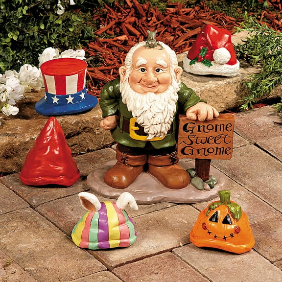 Gnome Greeter with Hats, Garden Accents, Funny Gifts, 6 Piece Set
