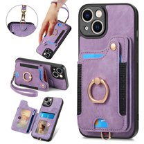 SaniMore for iPhone 14 Wallet Case, [RFID Blocking] Elastic Card Slot Vehicle Magnetic PU Leather Ring Holder & Lanyard Stand Money Pocket Protective Cover for iPhone 14, Purple