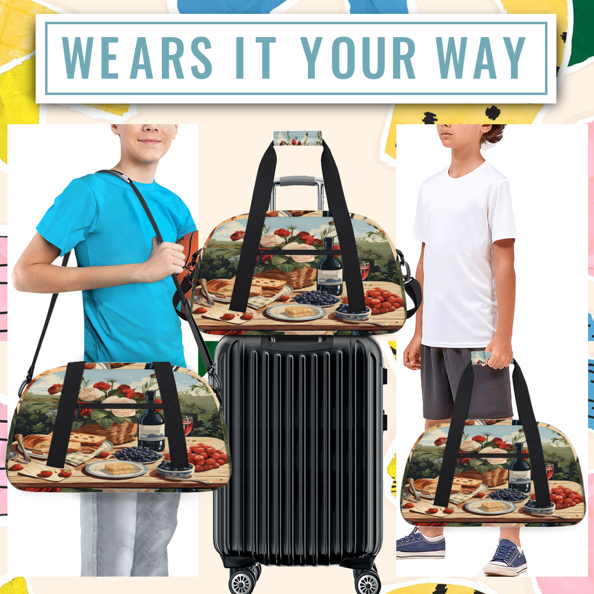 Herdesigns Party Theme Sports Duffle Bag for Women & Men, Picnic Theme Gym Bag Dance Bag Overnight Bag Carry On Weekender Travel Bag