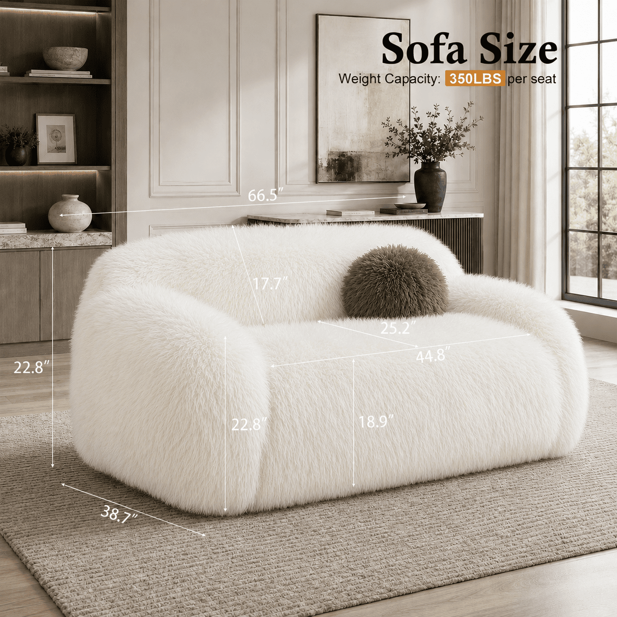 Aenkyo 67 Inch Plush Faux Fur Loveseat Sofa, 25 Inch Deep Seat 2-Seater Couch with Ball Pillow, White