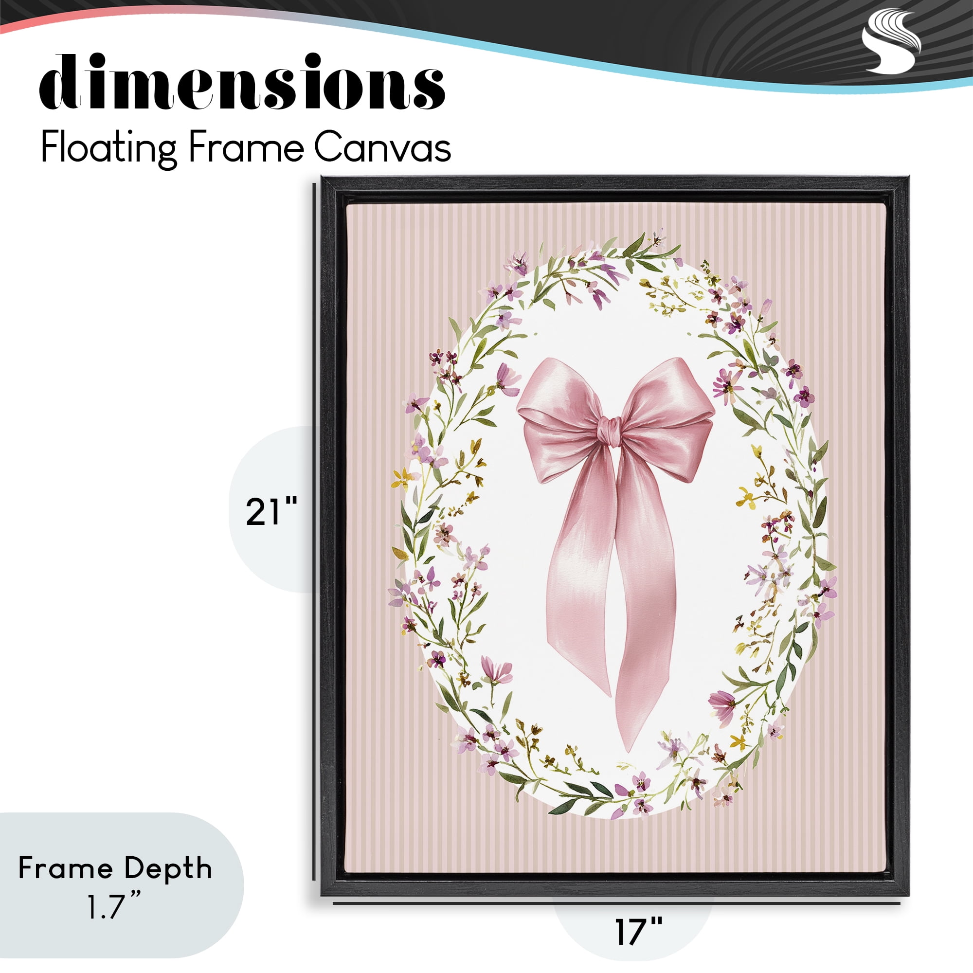 Stupell Industries Ribbon with Oval Florals Black Framed Floater Canvas Wall Art, design by Christine Simpson Art