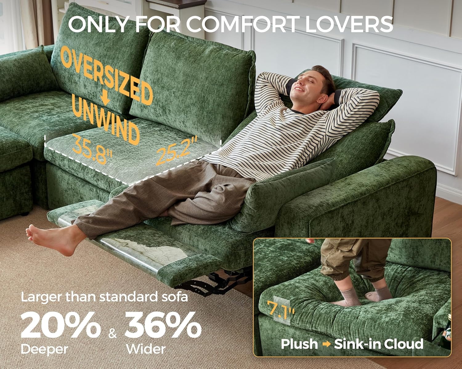 BEDEEP 125'' Power Recliner Sofa with Headrest, Modular Cloud Sectional Chenille Reclining Couch with Storage Ottoman Chaise, Convertible 4-Seater Sofa Couch for Living Room RV, Green