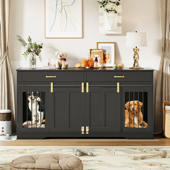 TEQIN Double Dog Crate, Tv Stand, 71 Inch Dog Crate Furniture For 2 Dogs, 2 Dog Crate Furniture, Dog Cage With Removable Divider,Dog Kennel Tv Stand For Large Medium Dogs