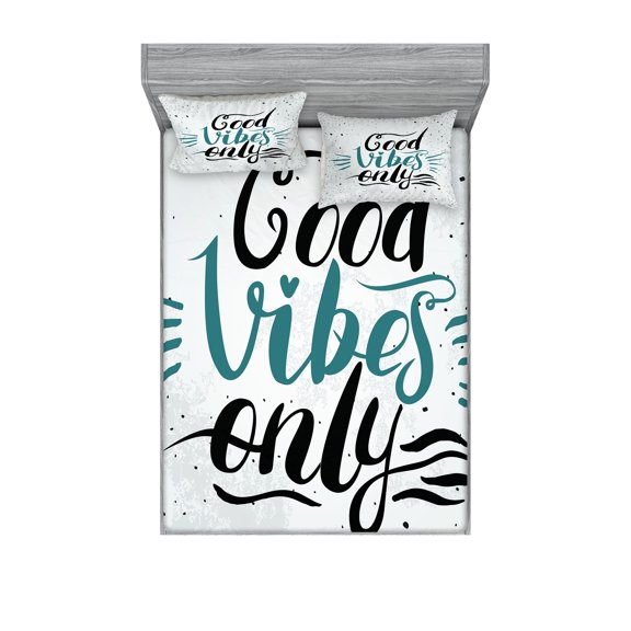 Ambesonne Chill Fitted Sheet & Pillow Sham Set, Positive Vibes Calligraphy, Calking, Teal Black Beige