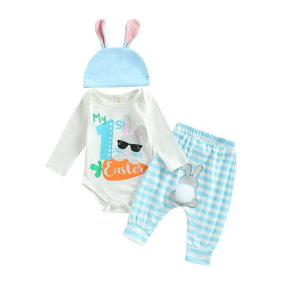 Bagilaanoe 3Pcs Newborn Baby Girl Boy Easter Outfits Cartoon Print Long Sleeve Romper Tops Stripe Flare Trousers Hat 3M 6M 9M 12M Infant Long Pants Set