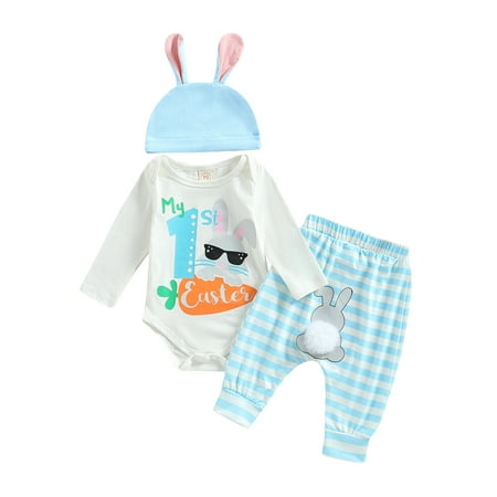 

Easter Outfit Baby Girl Boy My First Easter Romper Bodysuit Stripe Bunny Long Pant with Pompoms Tail Hat Set
