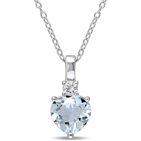 1-7/8 Carat T.G.W. Aquamarine and Created White Sapphire Sterling Silver Heart Pendant, 18