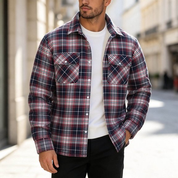 FDGIU Men's 2025 Fall Plaid Shacket - Long Sleeve Button Down Jacket, Comfy Lined Flannel Shirt Coat with Pockets