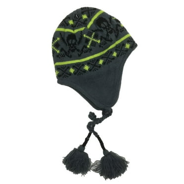 Ben Berger Boys Gray & Yellow Skull Peruvian Beanie Fleece Lined Winter Hat