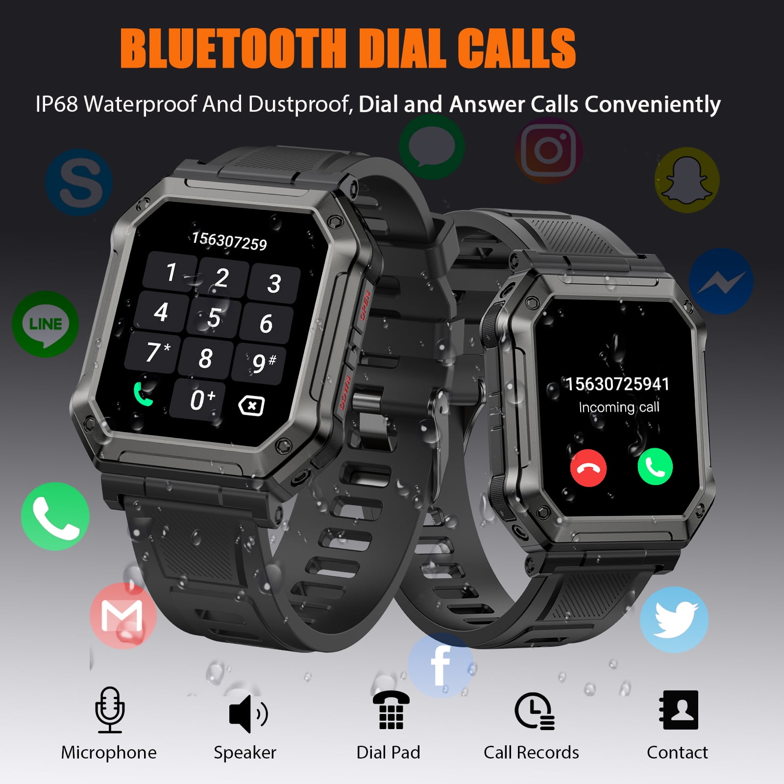 PAKRYS 1.91" Smart Watch with Text and Call(Answer/Dial), Rugged Outdoor Bluetooth Smartwatches for Men, Compatible with Android iOS