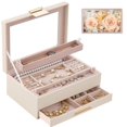 thumbnail image 1 of Joyero con Flores Eternidad Organizador de Joyas, Estuche con Tapa de Cristal Caja PU Terciopelo para Pendiente Pulsera Collar Reloj Anillo Brazalete Arete Arracada Colgante para Mujer -Beis, 1 of 9