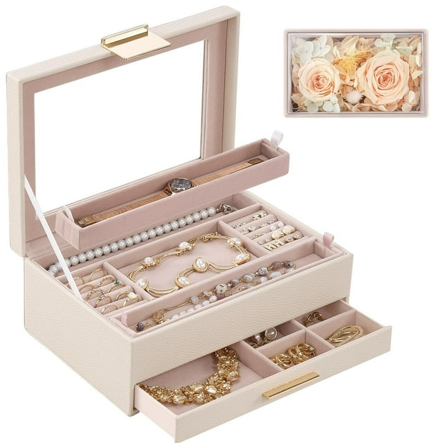 Joyero con Flores Eternidad Organizador de Joyas, Estuche con Tapa de Cristal Caja PU Terciopelo para Pendiente Pulsera Collar Reloj Anillo Brazalete Arete Arracada Colgante para Mujer -Beis