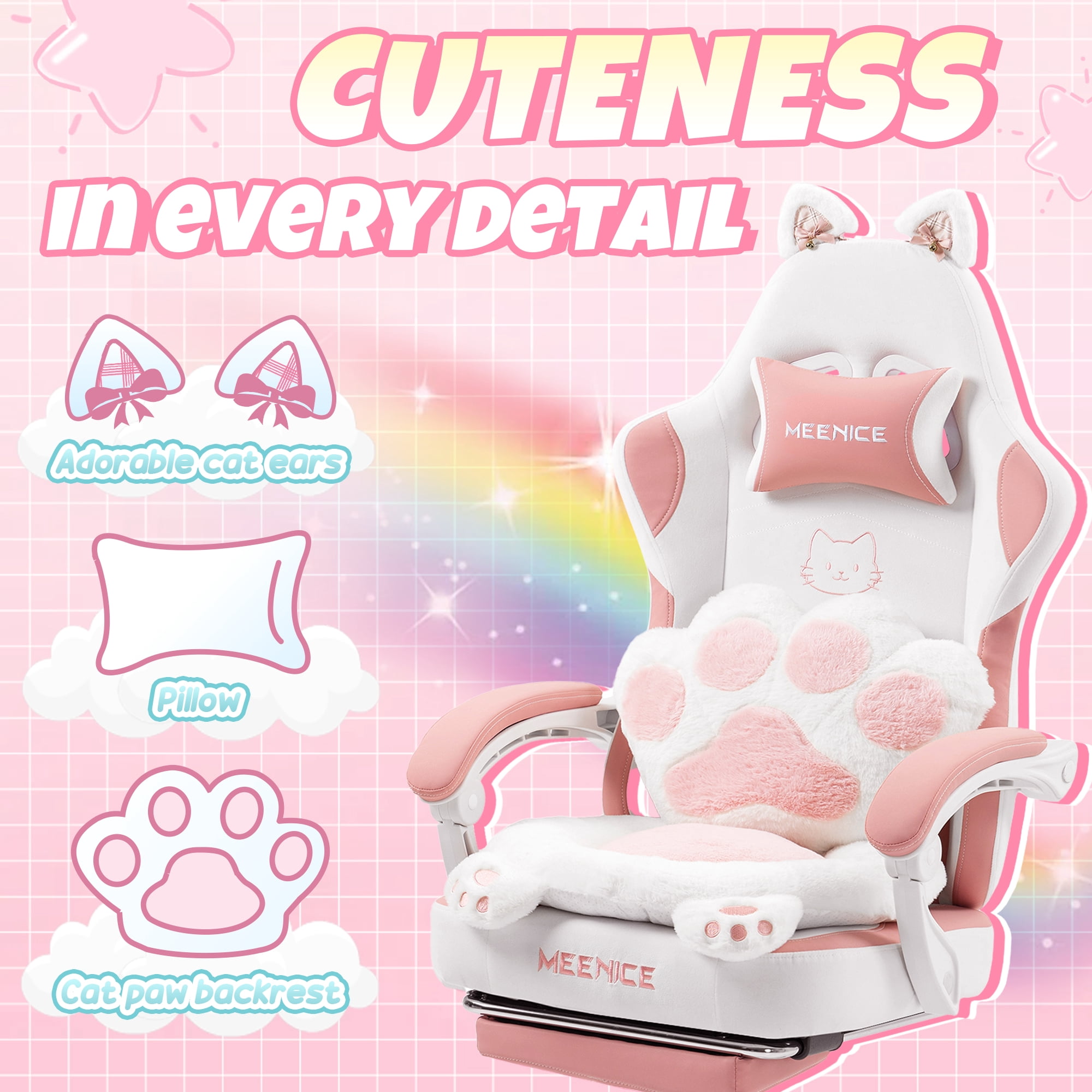 KARXAS Adult Cute Cat Ear Paw Print Reclining Fabric PC Gaming Chair with Footrest and Lumbar Support, Pink/White