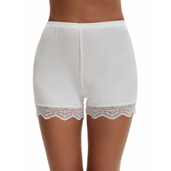 INSPIRE CHIC Women's Lace Trim Ice Silk Mid-Waister Loose Slip Shorts Light and Breathable Comfort Boyshorts M White