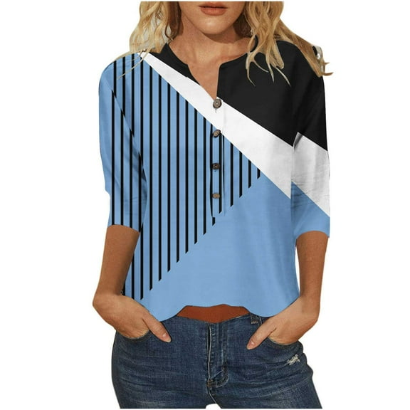 IROINNID Savings Polyester Long Sleeve T Shirt for Women Leisure Printed Round Neck Buttoned Basic Tunic Tops T-shirts Blouses,Blue