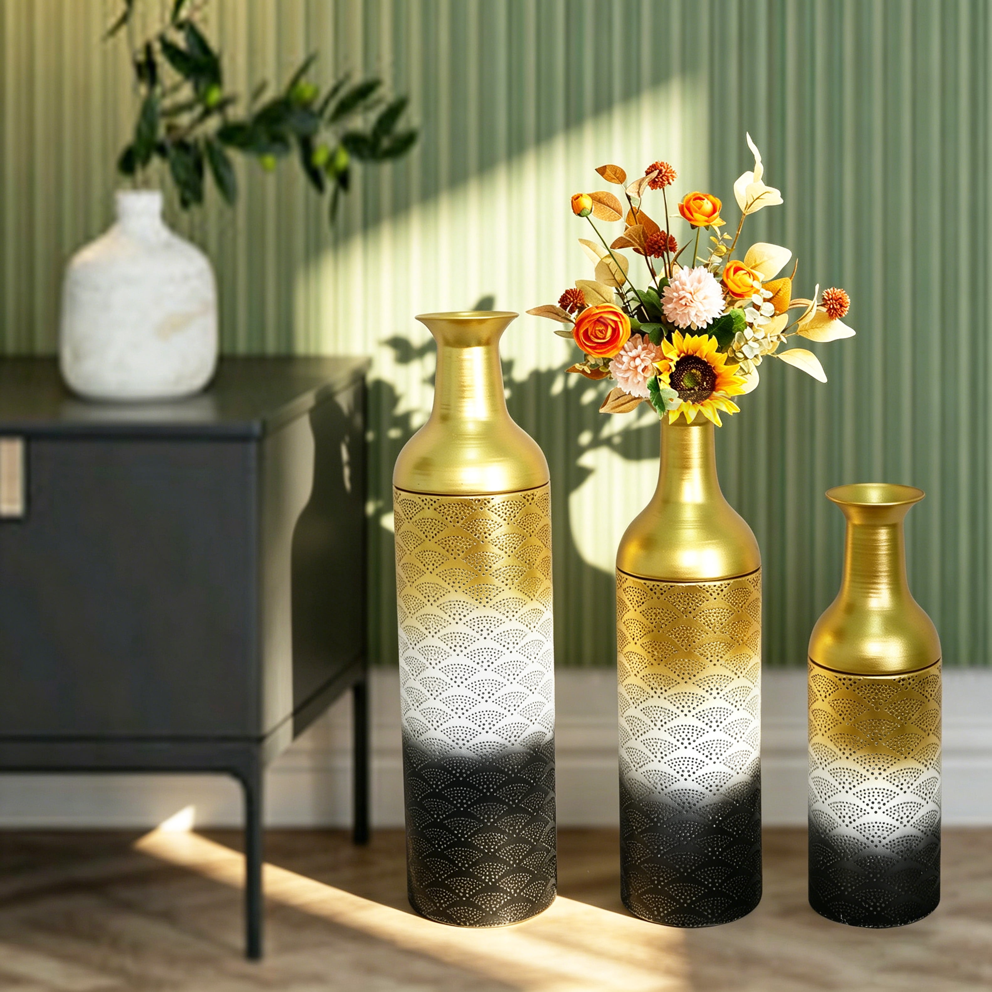 Metal Floor Vases Set of 3 with Leaf Pattern, Tall Decorative Vases and Home Decor Accents for Living Room Entryway, White Gold and Black